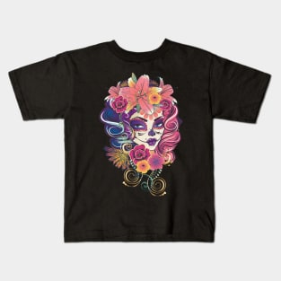 Calavera girl with flowers Kids T-Shirt